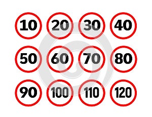 Speed limit sign icons. Traffic pictogram 20 30 km road speed limit sign.