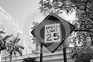 Speed limit warning in miami, usa. Traffic sign on city road. Caution and warn concept. Transportation traffic and