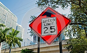 Speed limit warning in miami, usa. Traffic sign on city road. Caution and warn concept. Transportation traffic and