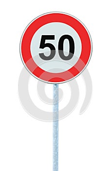 Speed Limit Zone Warning Road Sign, Isolated Prohibitive 50 Km Kilometre Kilometer Maximum Traffic Limitation Order, Red Circle