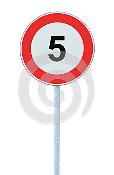 Speed Limit Zone Warning Road Sign, Isolated Prohibitive 5 Km Kilometre Kilometer Maximum Traffic Limitation Order, Red Circle photo