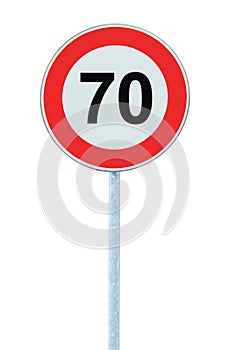 Speed Limit Zone Warning Road Sign, Isolated Prohibitive 70 Km Kilometre Kilometer Maximum Traffic Limitation Order, Red Circle photo