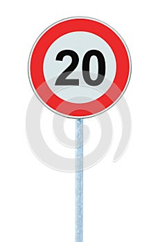 Speed Limit Zone Warning Road Sign, Isolated Prohibitive 20 Km Kilometre Kilometer Maximum Traffic Limitation Order, Red Circle