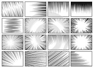 Speed lines backgrounds. Fast speed motion horizontal line manga effect, retro radial sun rays background. Comic