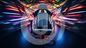 speed lines of a mechanical gaming chair in motion blur, gaming setup background, immersive gaming experience
