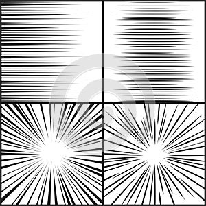 Speed lines, motion strip manga comic horizontal and radial effect vector set