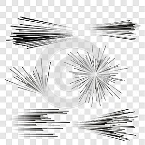 Speed lines set. Motion effect for your design. Black Comic lines on a transparent background. Vector illustration