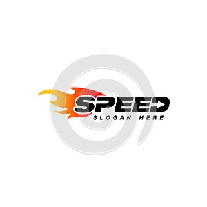 Speed logo design with flame effect. speedometer vector icon wit