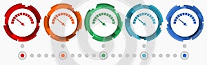 Speed meter concept vector icon set, modern design abstract web buttons in 5 color options, infographic template for webdesign and