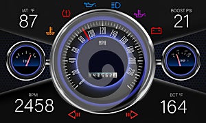 Speed motion line vector abstract tech background with car racing speedometer. Fast auto race, sport drive illustration.