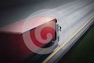 Speed Motion of Semi Trailer Truck Driving on the Road. Cargo Shipping Container Trucks. Delivery Transit Cargo Shipment Logistics