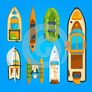 Speed motor boat, sea ship, yacht and other marine transport. Vector pictures set top view