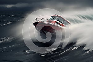 Speed motorboat racing across choppy waves. Generative AI