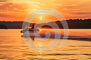 Speed motorboat towing water skier in romantic vibrant sunset. Generative AI