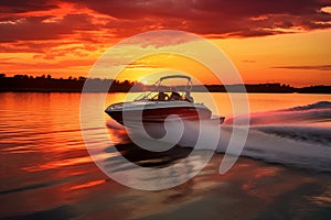 Speed motorboat towing water skier in romantic vibrant sunset. Generative AI