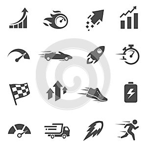 Speed and performance black and white glyph icons set