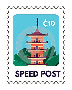 Speed post, postmark with Japanese temple vector