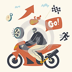 Speed Racing, Motocross Rally Concept. Biker Male Character Wearing Helmet Riding Motorbike Take Part in Tournament