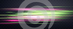 Speed rays, velocity light neon flow, zoom in motion effect, green and pink glow speed lines, colorful light trails