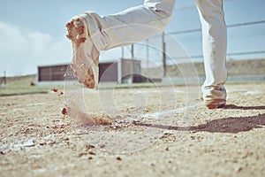 Speed, running and shoes of baseball player on field training for sports, health and fitness game. Workout, exercise and photo