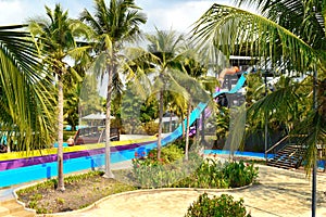 Speed slides at the water Park. Leisure and entertainment in the summer.