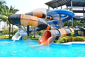 Speed slides at the water Park. Leisure and entertainment in the summer.