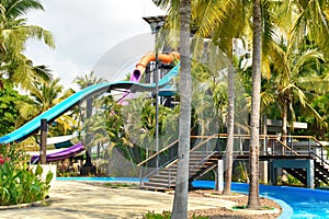 Speed slides at the water Park. Leisure and entertainment in the summer.