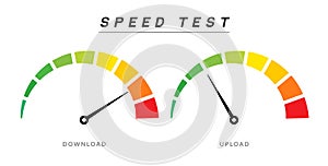 Speed test internet measure. Speedometer icon fast upload download rating. Quick level tachometer accelerate