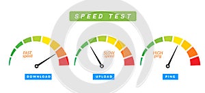 Speed test internet measure. Speedometer icon fast upload download rating. Quick level tachometer accelerate photo