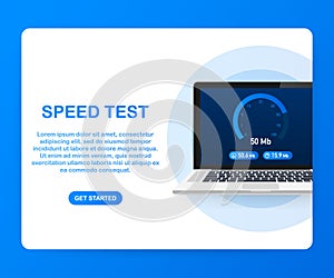 Speed test on laptop. Speedometer Internet Speed 100 mb. Website speed loading time. Vector illustration.