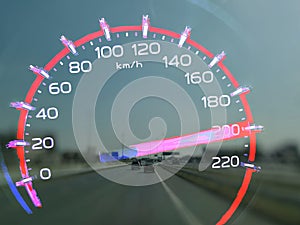 At a speed of 200 to 210 kilometers per hour of High lifters truck on car dashboard. Concept Driving fast is dangerous.