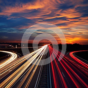 Speed Traffic at Dramatic Sundown Time - light trails