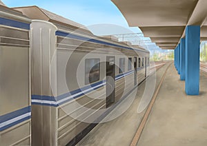 Speed train, locomotive on platform at railway station illustration.