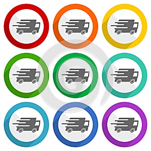 Speed transport, fast delivery, truck vector icons, set of colorful flat design buttons for webdesign and mobile applications