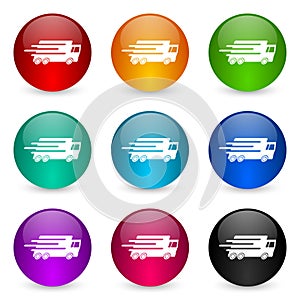 Speed transport, fast delivery, truck vector icons, set of colorful glossy 3d rendering ball buttons in 9 color options