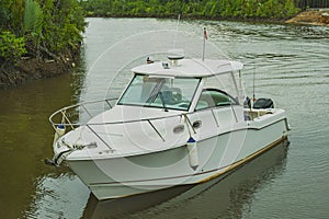 a speedboat approaching the port