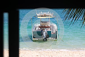 Speedboat for fishing is moored on the beach at Koh Samui