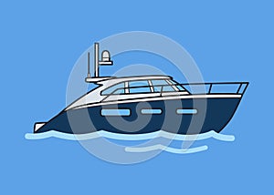 Speedboat, motor yacht in the sea. Flat vector illustration. Isolated on blue background.