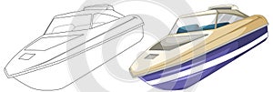 A speedboat, outlined and colored