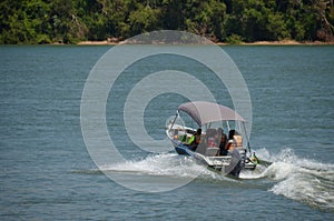 Speedboat on the Paraná River, in Porto Camargo, Brazil.
