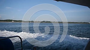 Speedboat on the way from Bali sanur beach to Nusa Penida in Bali Indonesia, speeding boat ride from Sanur beach to nusa penida, I