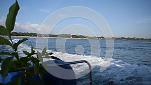 Speedboat on the way from Bali sanur beach to Nusa Penida in Bali Indonesia, speeding boat ride from Sanur beach to nusa penida, I