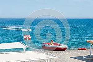 Speedboats on the beach in Kemer, Turkey.