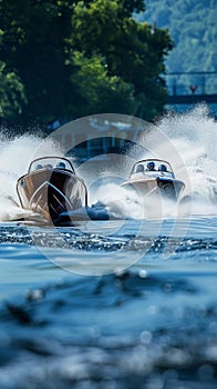 Speedboats race at high velocity, churning the ocean water with powerful, in an intense display of water sportsmanship.