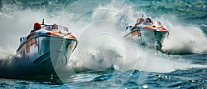 Speedboats race at high velocity, churning the ocean water with powerful, in an intense display of water sportsmanship.