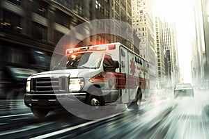 Speeding Ambulance Navigates Through Busy City Street With Motion Blur Effect