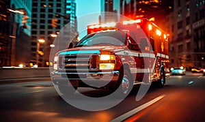 Speeding ambulance on urgent city mission, with lights flashing and siren blaring, rushes through downtown to save lives in a