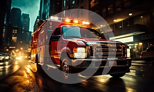 Speeding ambulance on urgent city mission, with lights flashing and siren blaring, rushes through downtown to save lives in a