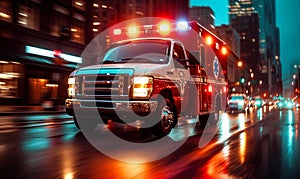 Speeding ambulance on urgent city mission, with lights flashing and siren blaring, rushes through downtown to save lives in a