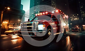 Speeding ambulance on urgent city mission, with lights flashing and siren blaring, rushes through downtown to save lives in a